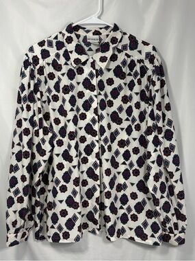Koret White Button-Down Blouse with Navy and Purple Geometric Print Silky Feel
